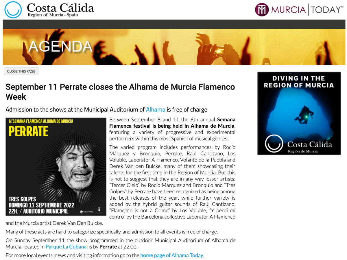 SEPTEMBER 11 PERRATE CLOSES THE ALHAMA DE MURCIA FLAMENCO WEEK (MURCIA TODAY)